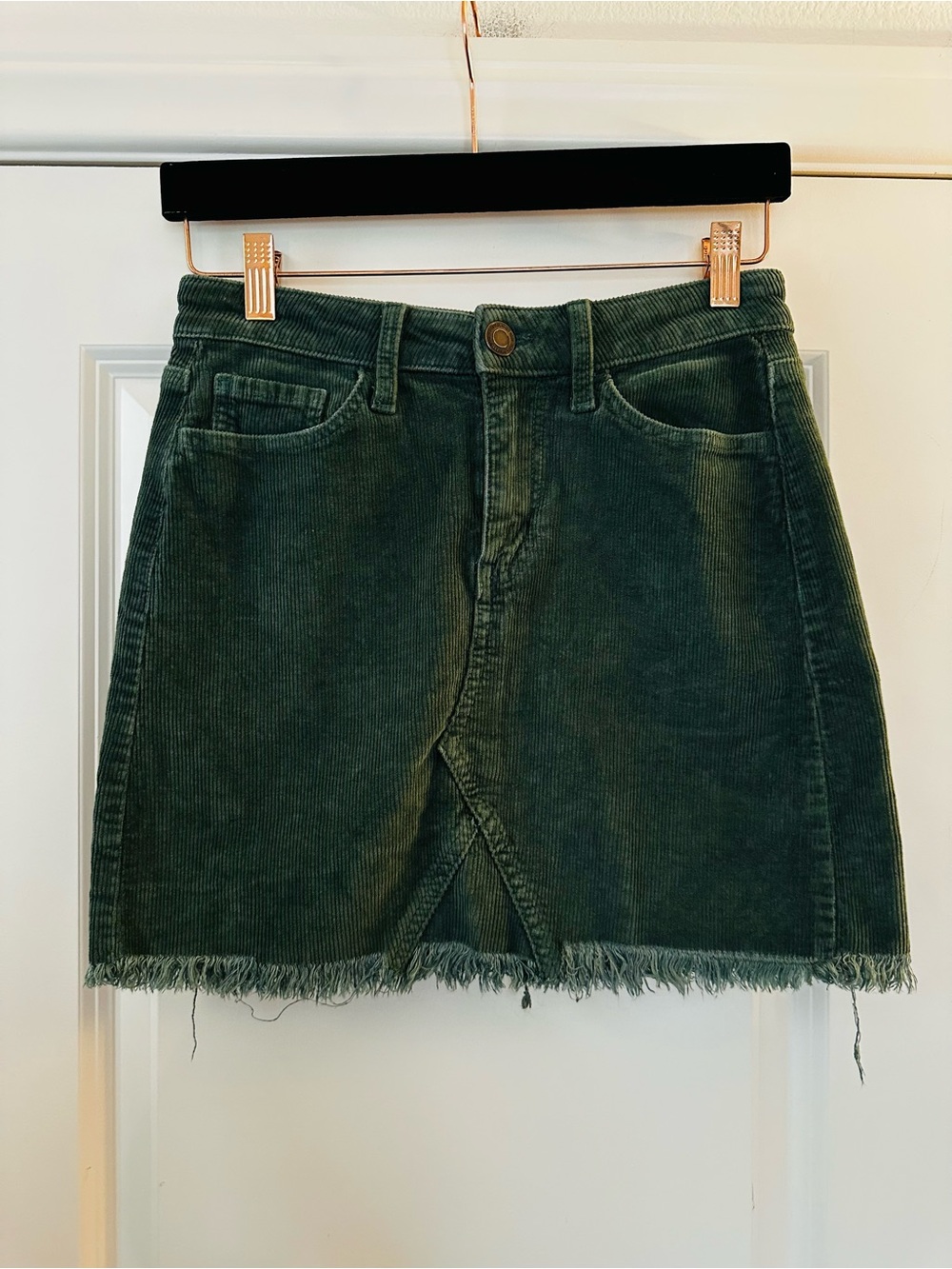 Forest Green Corduroy Mini Skirt Frayed Hem 90s Fall Size 5/27